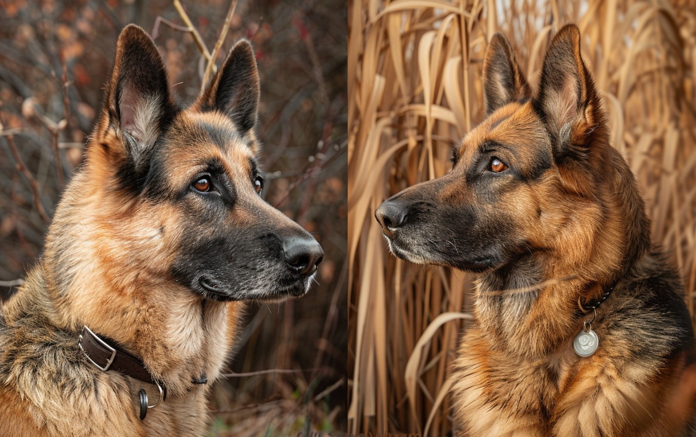 A before-and-after photo collage of a German Shepherd after achieving healthy weight gain, emphasizing the improved energy and vibrant coat