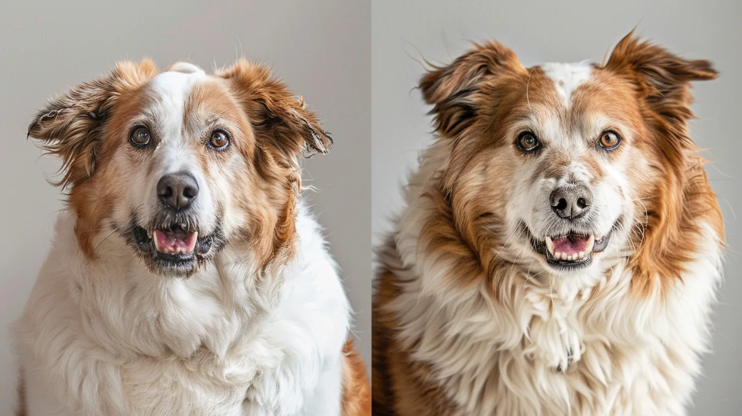 A before-and-after photo of an overweight dog who has lost weight 
