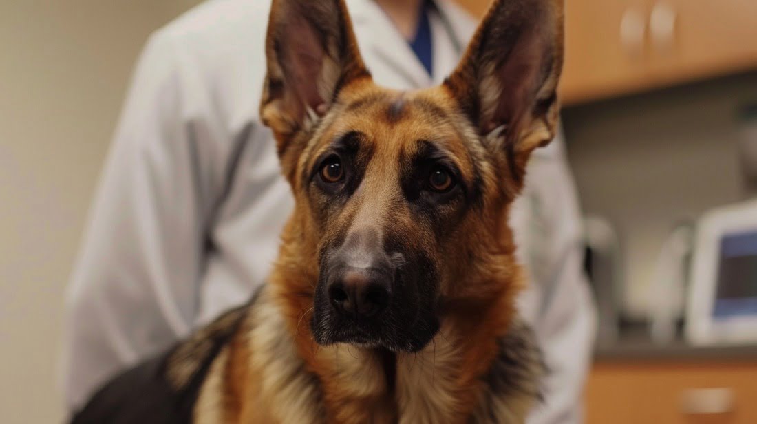 A calm-looking German Shepherd Bloodhound mix at the vet's office getting a checkup