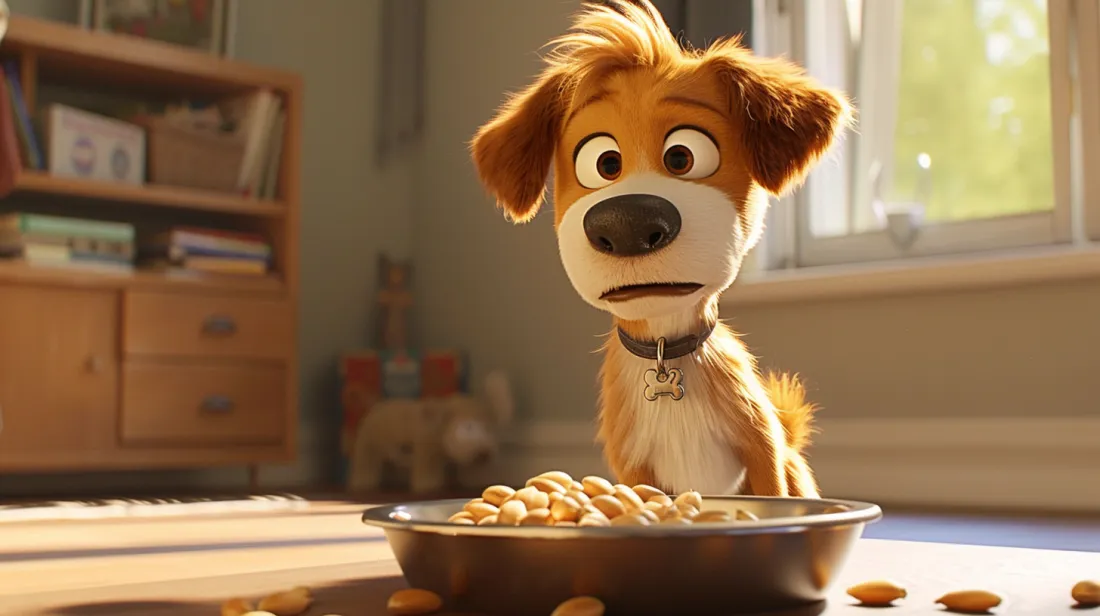 A cartoon dog looking inquisitively at a bowl of seeds