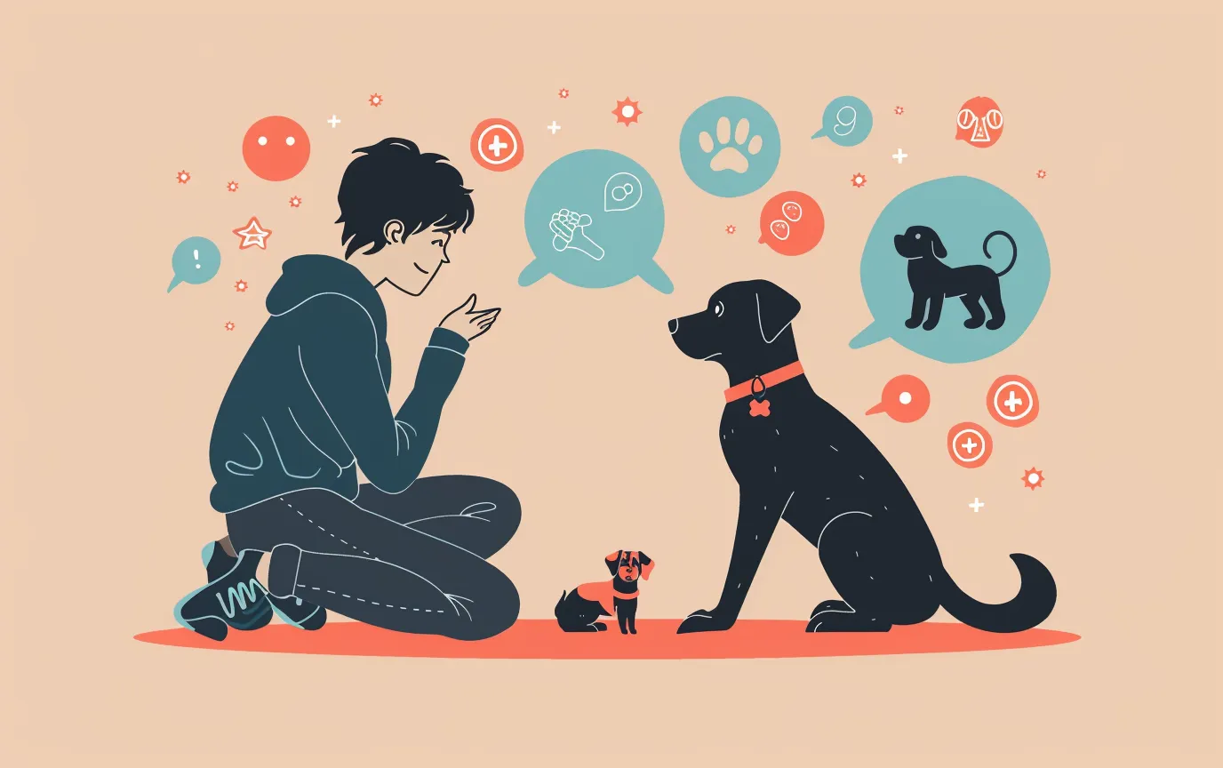 illustration: A cartoon illustration of a person kneeling beside a dog, with thought bubbles above their heads filled with various dog body language symbols