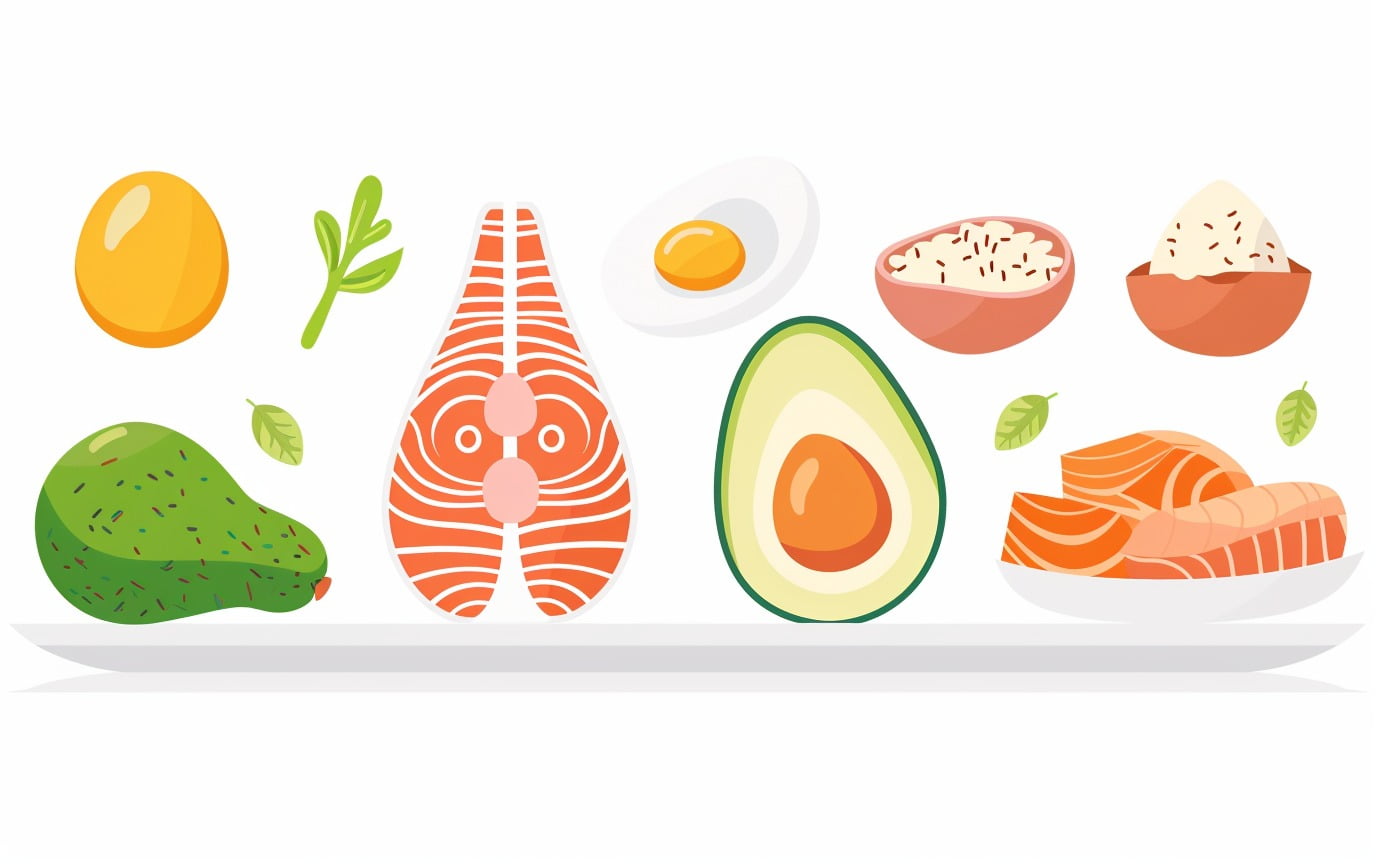 A cartoon infographic with simple icons of a chicken breast, fish, egg for protein; salmon oil and avocado for fats; and sweet potato and brown rice for carbs