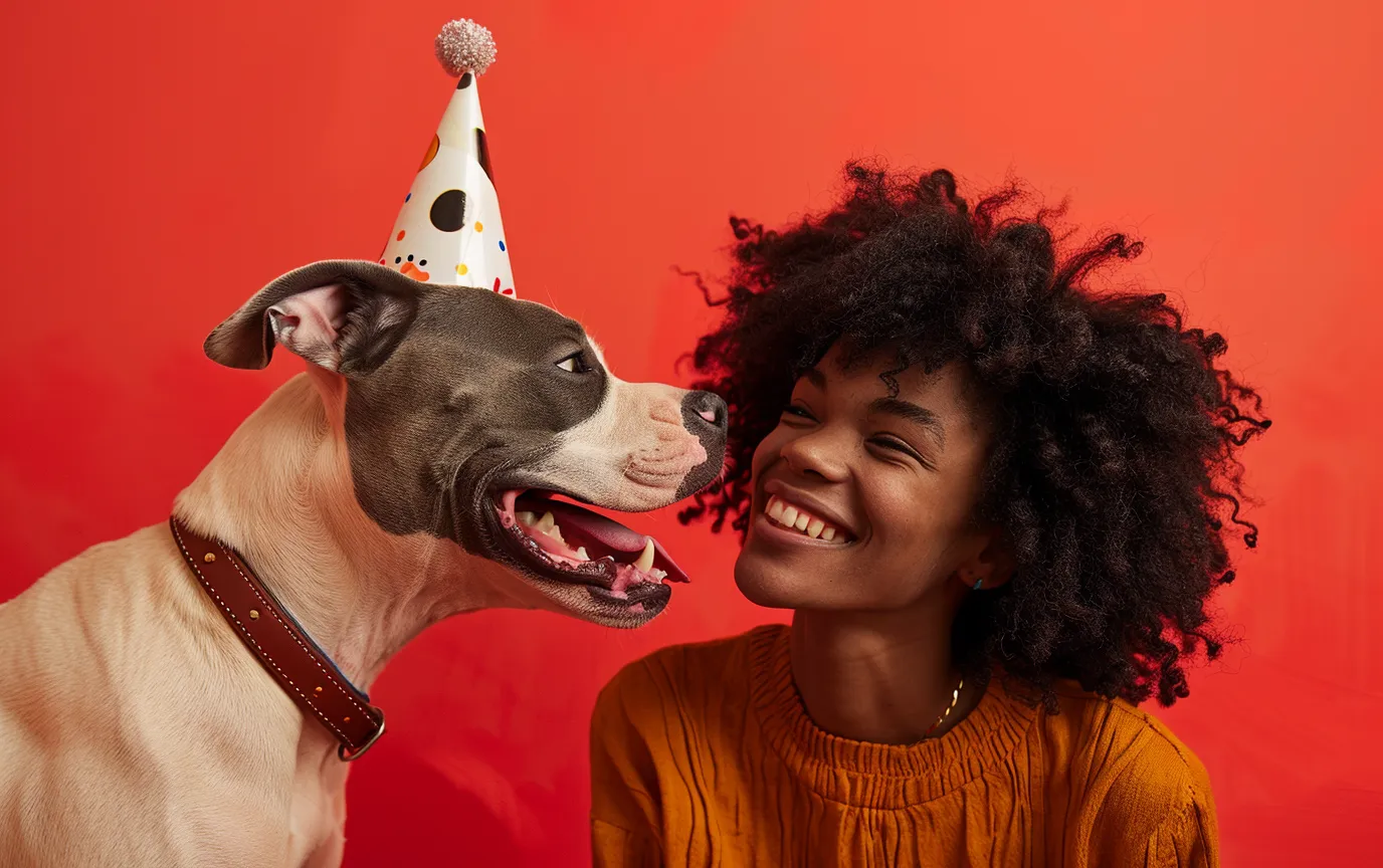 illustration: A celebratory photo of a dog and their human smiling and looking at each other, maybe with a party hat on the dog