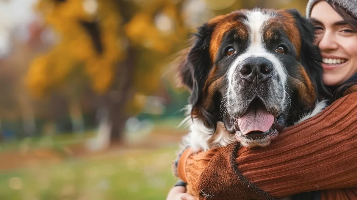 A cheerful person holding a Saint Bernard dog