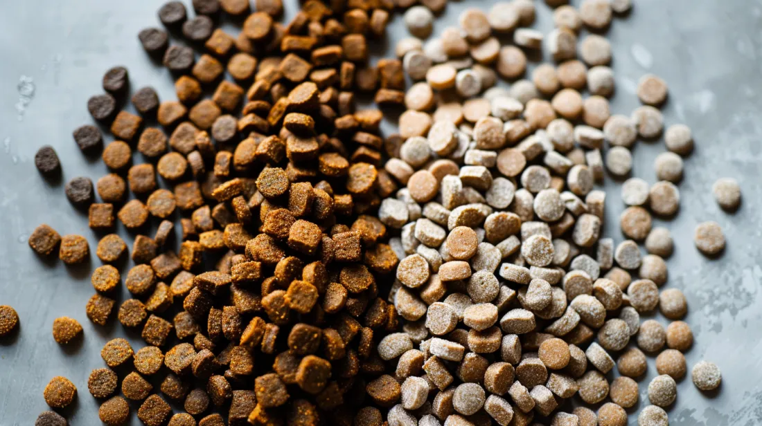 A close-up of large breed dog kibble vs. small breed to visually show the difference