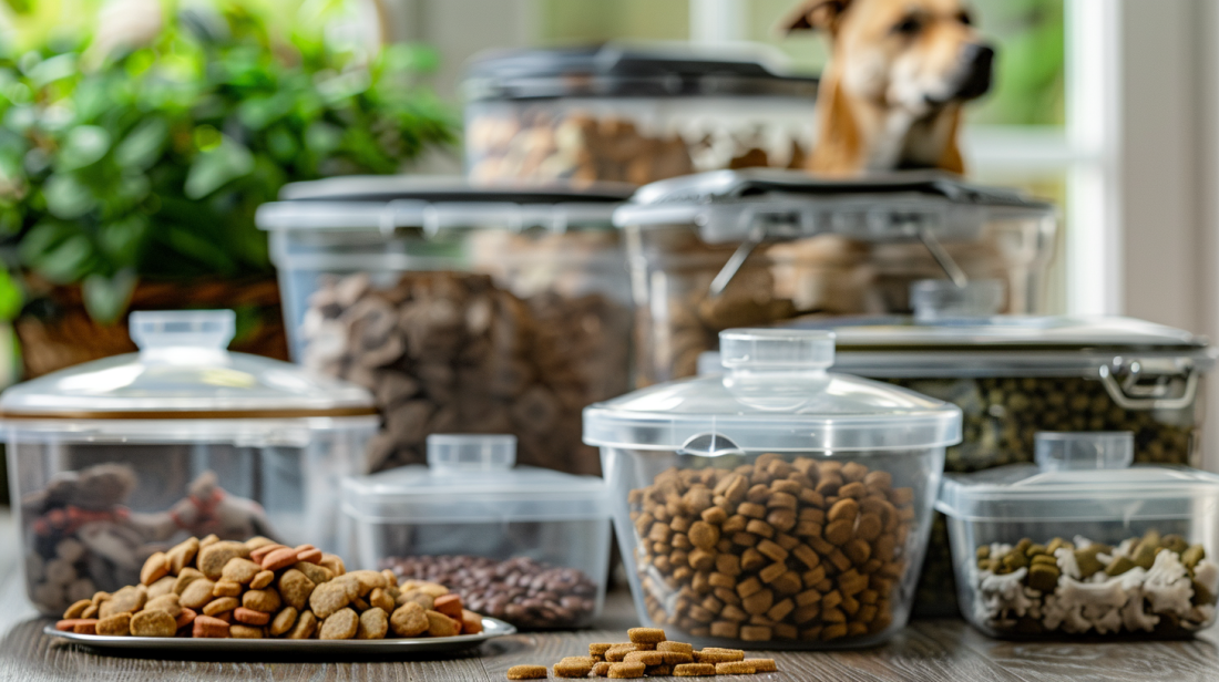 A close-up of various storage options for fresh dog food