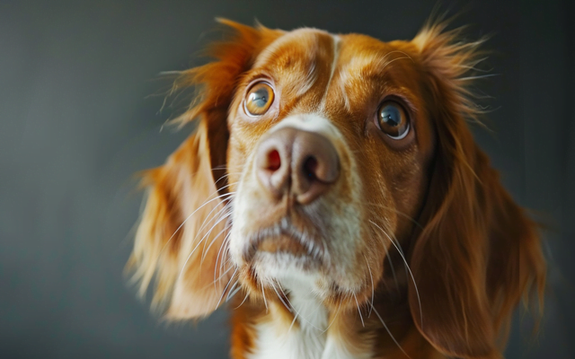 A close-up photo of a Brittany Spaniel with its expressive eyes and those distinctive feathered ears.