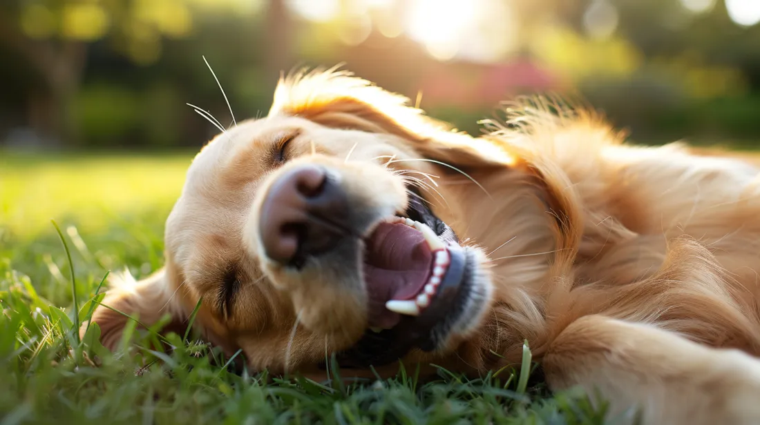 A close-up photo of a happy dog's belly