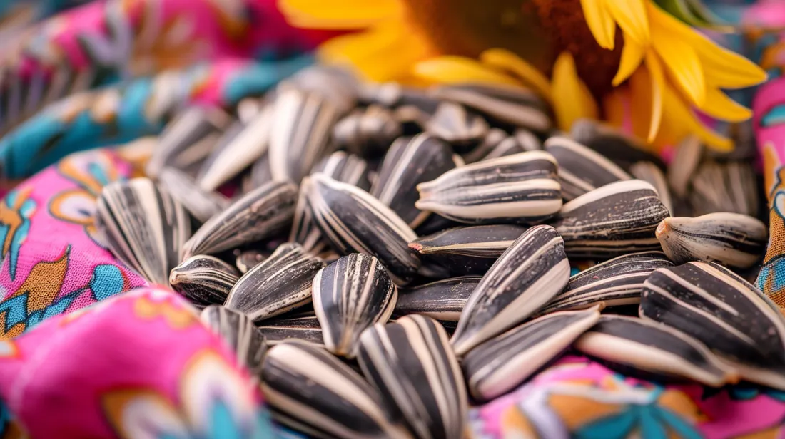 A close-up photo of a pile of black and white striped sunflower seeds