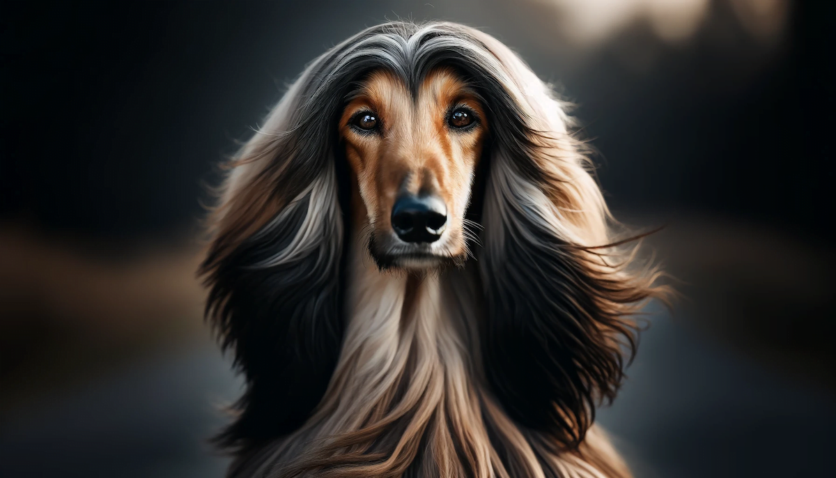 A close-up photo of an Afghan Hound's face, showcasing its long, silky hair, expressive eyes, and regal expression
