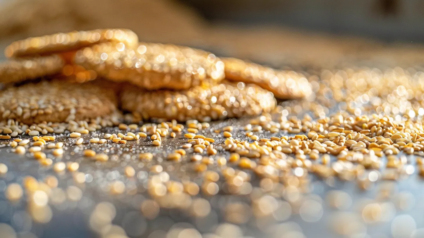 A close-up photo of sesame seeds scattered on a baking sheet, perhaps with a dog biscuit made with sesame seeds