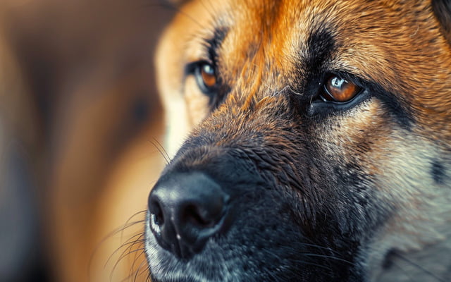A close-up portrait of an Akita with expressive eyes, capturing both their soulful and independent nature.