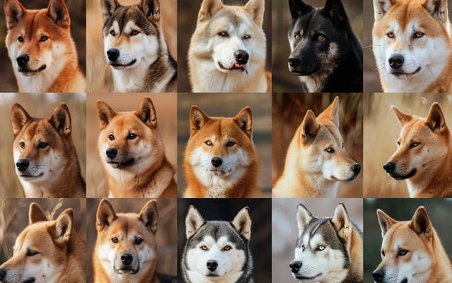 A collage of different Shiba Inu types, showcasing their diverse coat colors and patterns