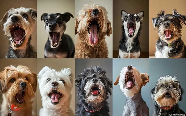 A collage of different small dog breeds barking