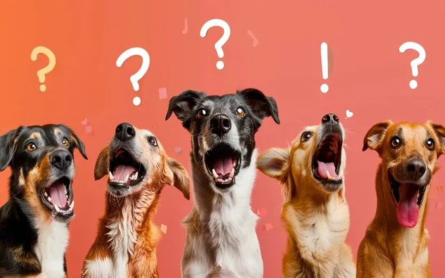 A collage of expressive dog faces- howling, barking, whining, with question marks floating around them