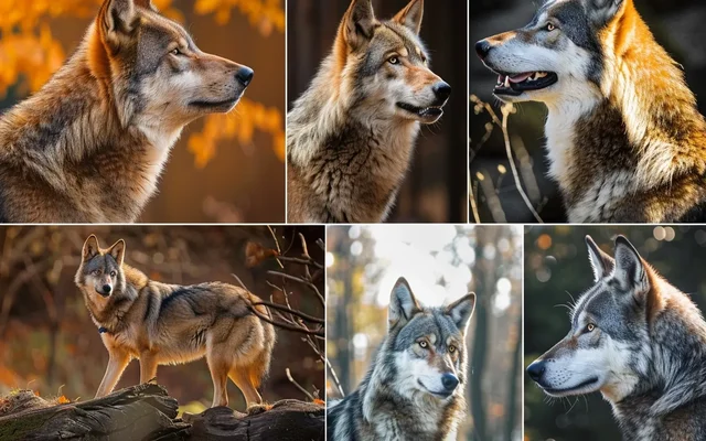 A collage of images showing wolves and dogs engaging in similar behaviors