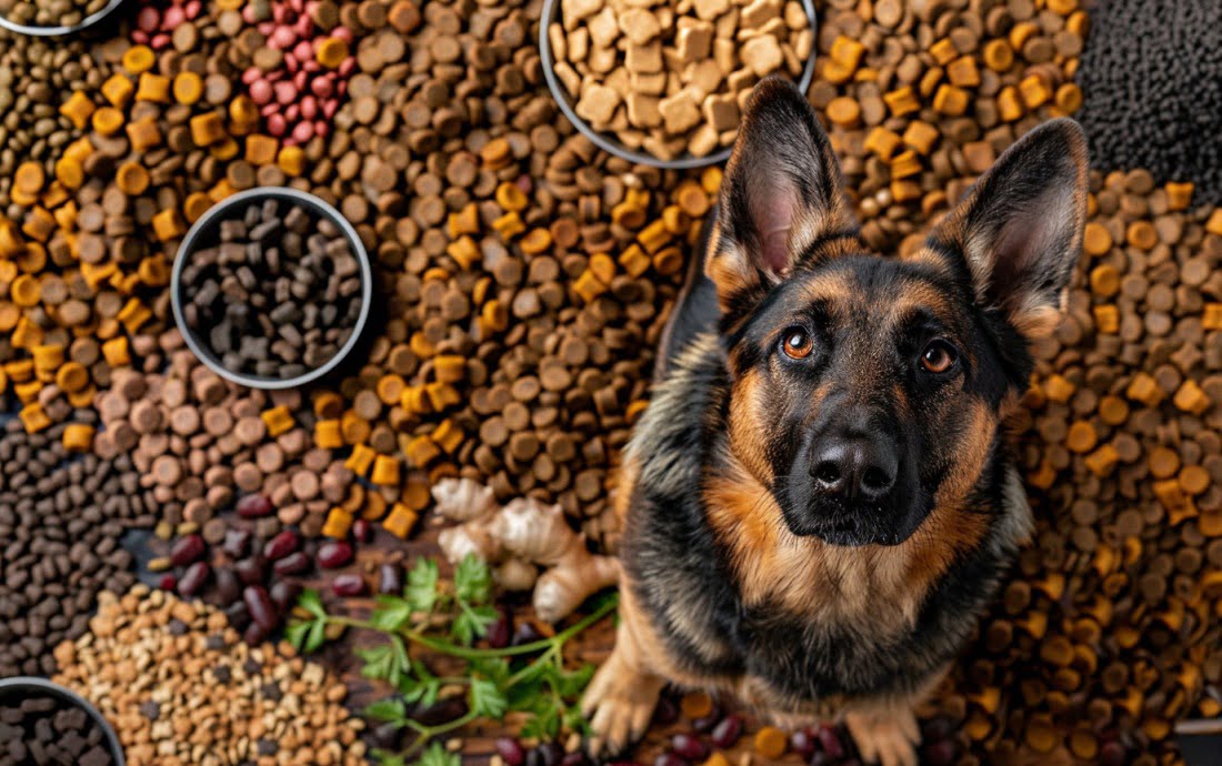 A collage of premium German Shepherd kibble featuring visible whole food ingredients