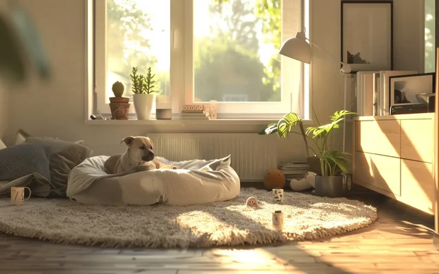 A cozy, well-organized living room with a dog bed, toys, and a calming pheromone diffuser