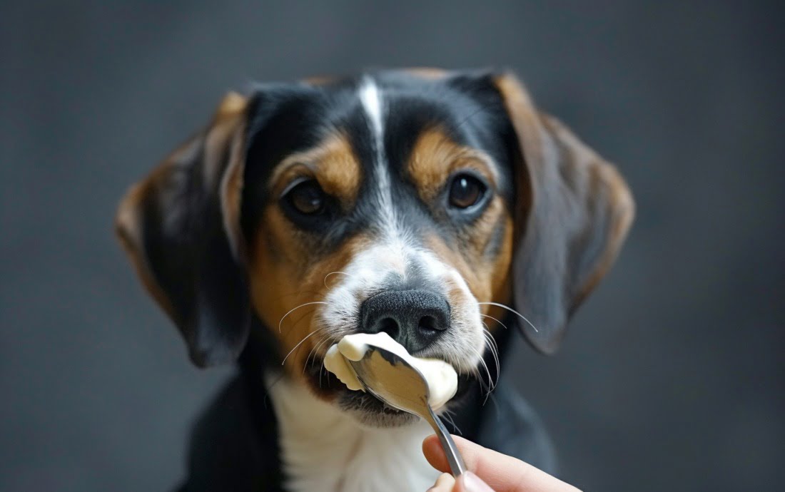 A curious dog investigates a spoonful of plain Greek yogurt, showcasing the potential appeal of this tasty treat for our canine companions
