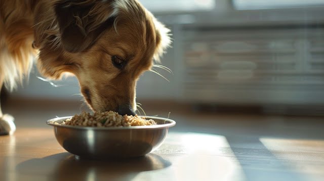 A curious dog sniffing a bowl of cooked brown rice