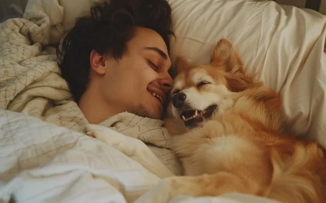A dog and its owner are grinning at each other while sleeping in the same bed