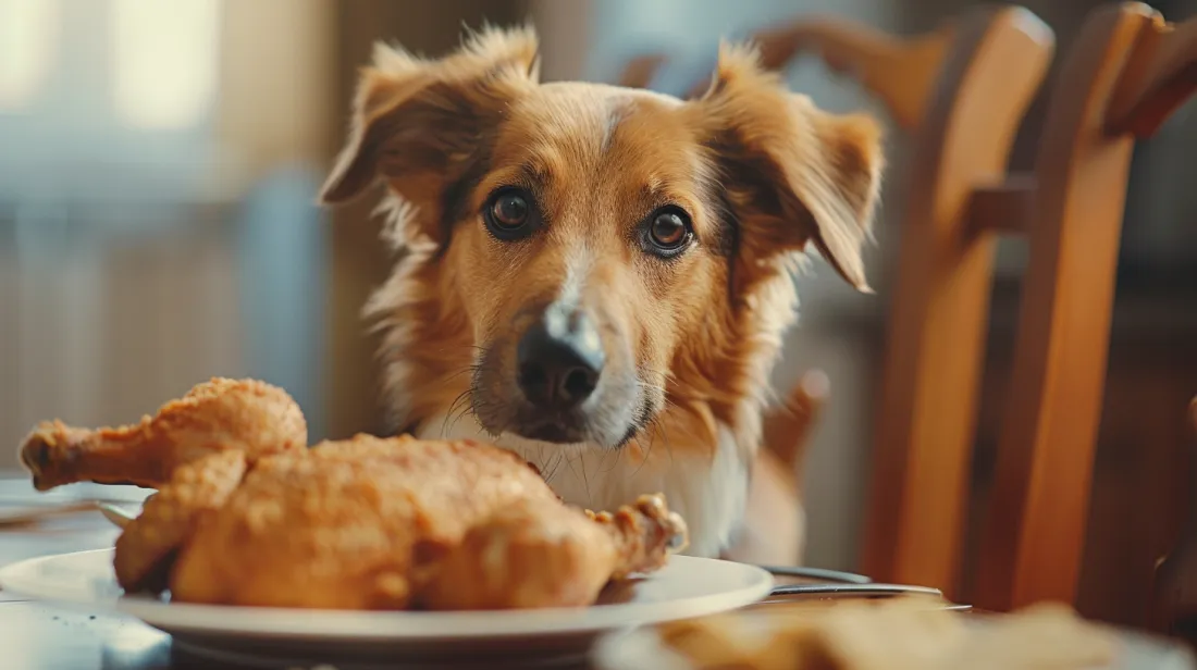 A dog begging at a table with fried chicken