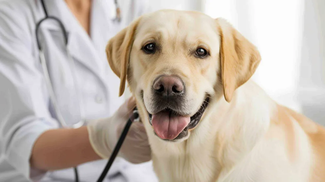 A dog being examined by a veterinarian