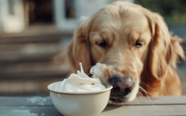 A dog enjoying a bowl of plain Greek yogurt, illustrating the joy and satisfaction dogs can derive from this healthy snack