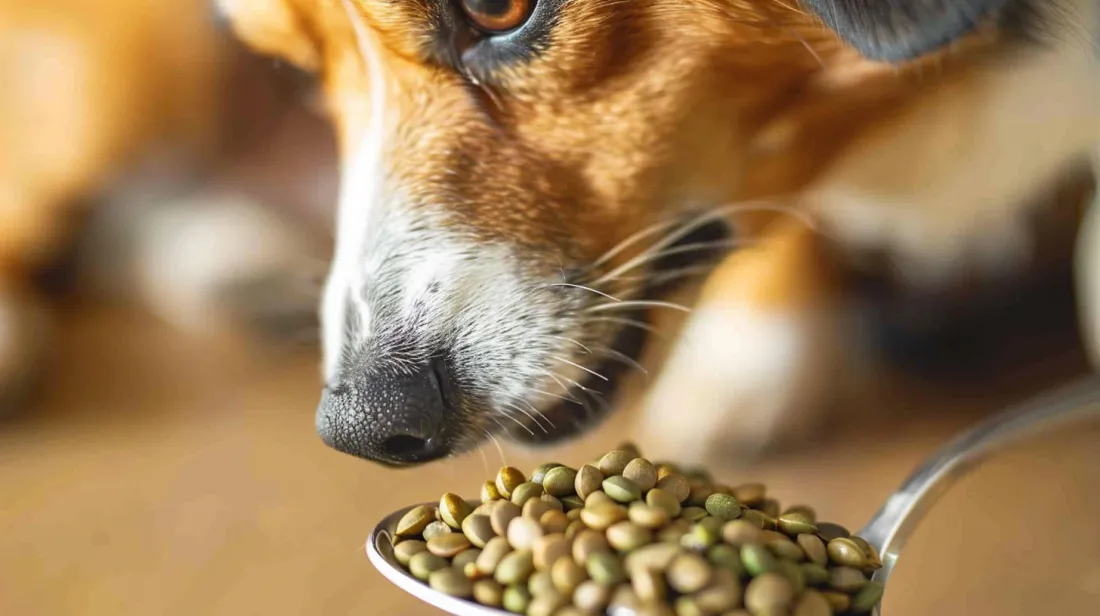 a dog excitedly sniffing a pile of hemp seeds on a spoon