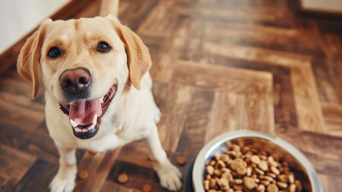 A dog excitedly waiting beside a bowl of fresh pet food