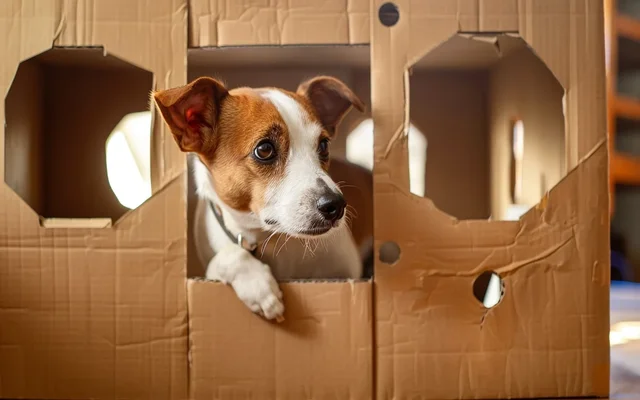 A dog exploring a cardboard box with cut-out holes