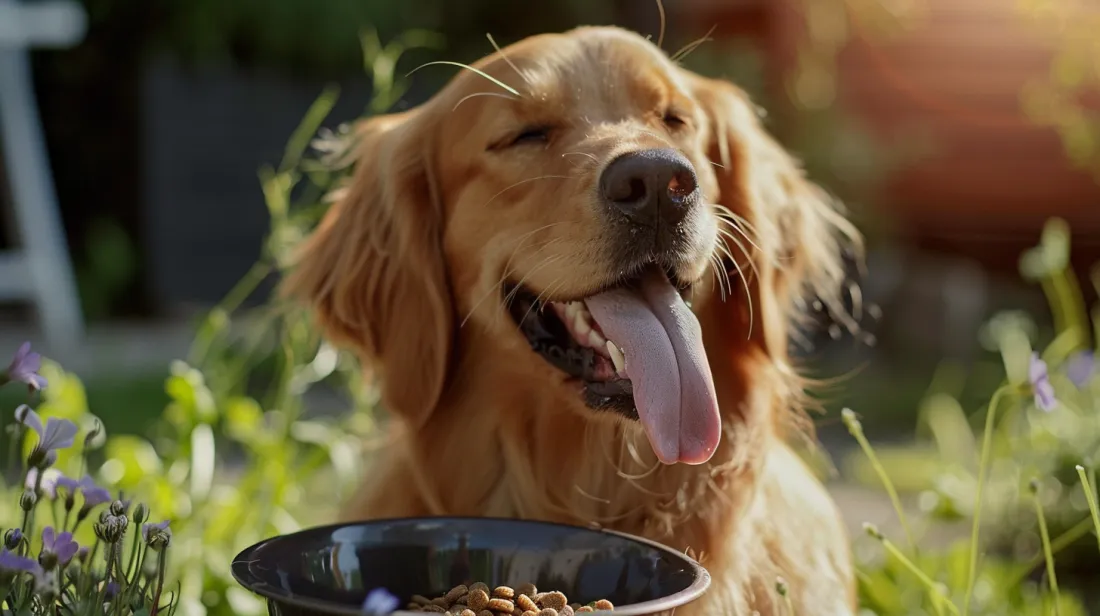 A dog happily eating a bowl of healthy food
