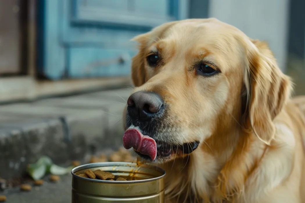A dog licking its chops next to an open can of wet food
