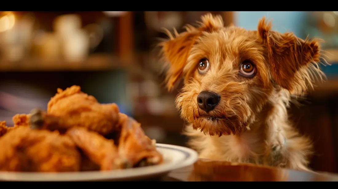 A dog looking longingly at a plate of fried chicken