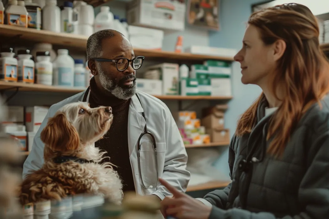 A dog owner consulting with a veterinarian about their dog's diet