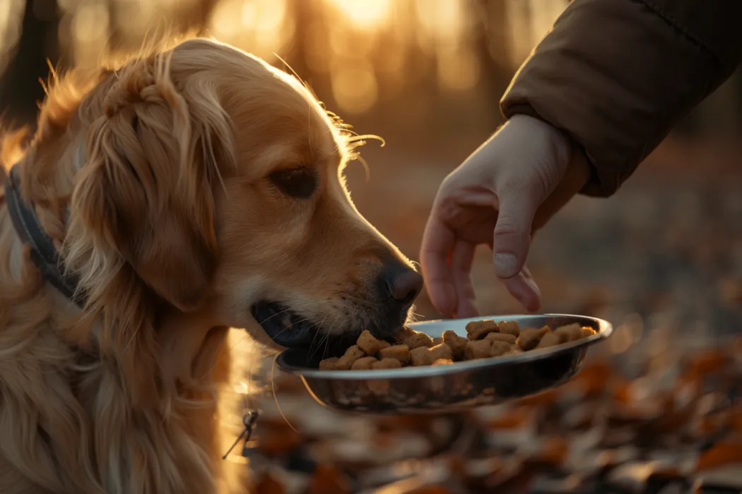A dog owner feeding their dog a healthy meal