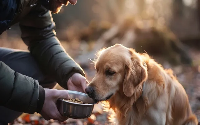 A dog owner feeding their dog at a specific time of day
