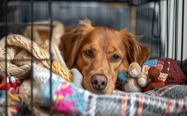 A dog peacefully resting in a cozy crate with a blanket and toys