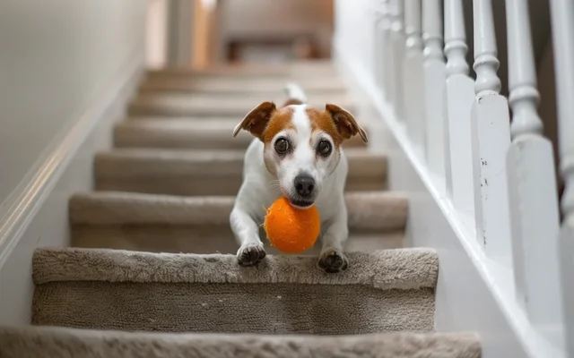 A dog playing fetch up and down stairs