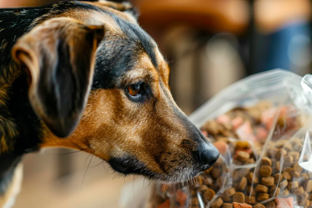 A dog sniffing a package of semi-moist dog food
