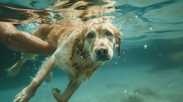 A dog swimming supported by a trainer