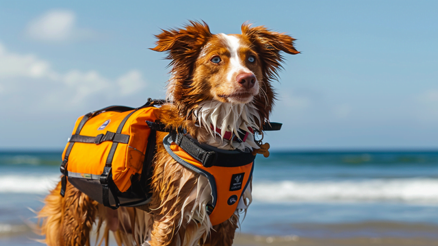 A dog wearing a brightly colored life jacket, looking proud and ready to swim