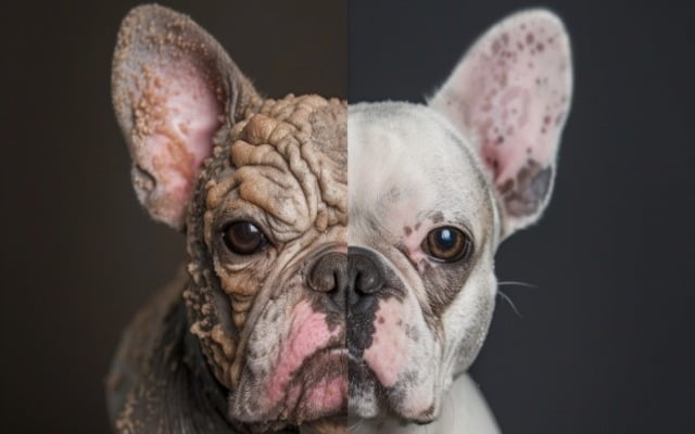 A dry and hairless dog and a healthy, moisturized hairless Frenchie