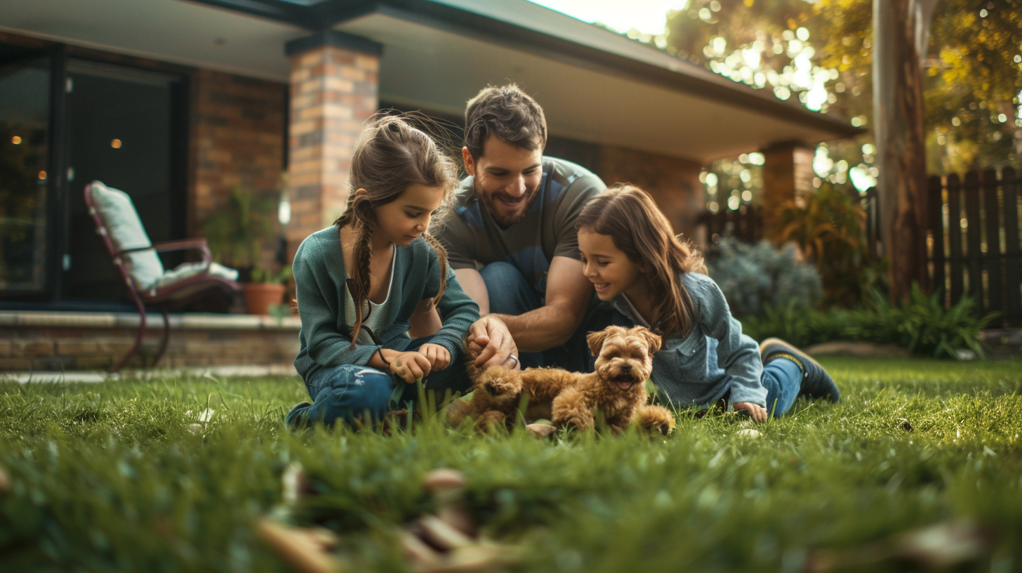 A family playing with a Poogle in their backyard