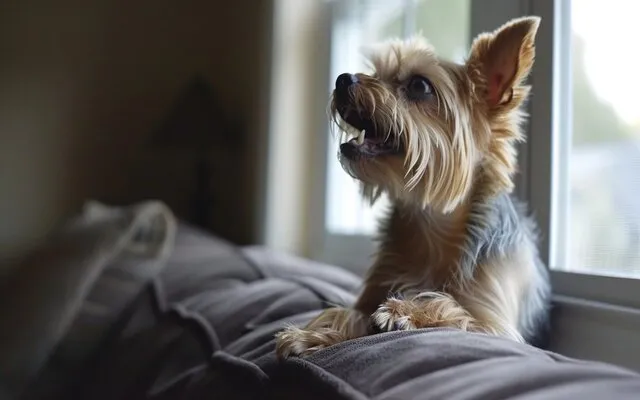 A fluffy Yorkie on a couch barking at the window