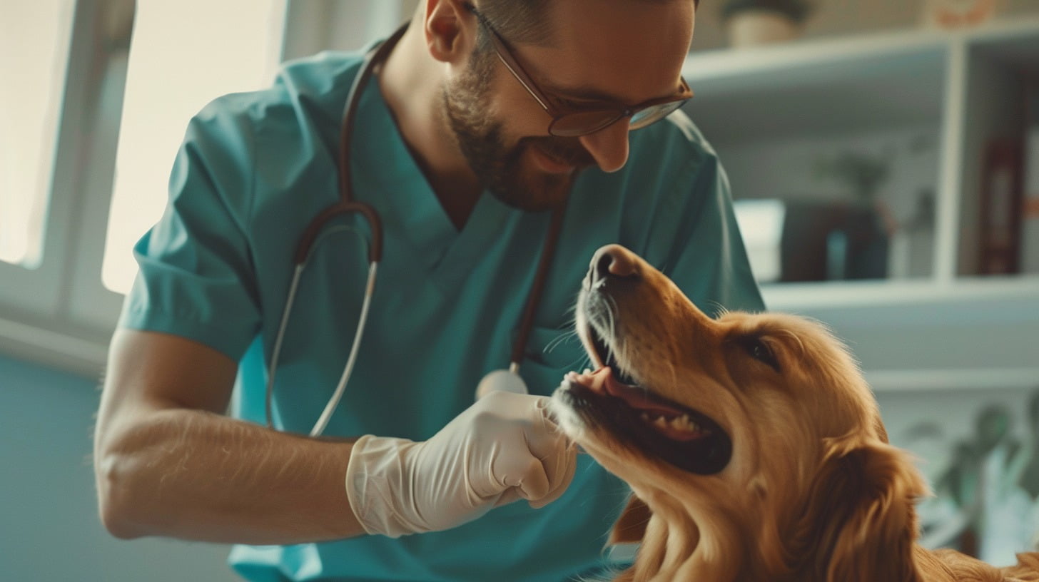A friendly-looking veterinarian in scrubs petting a dog 