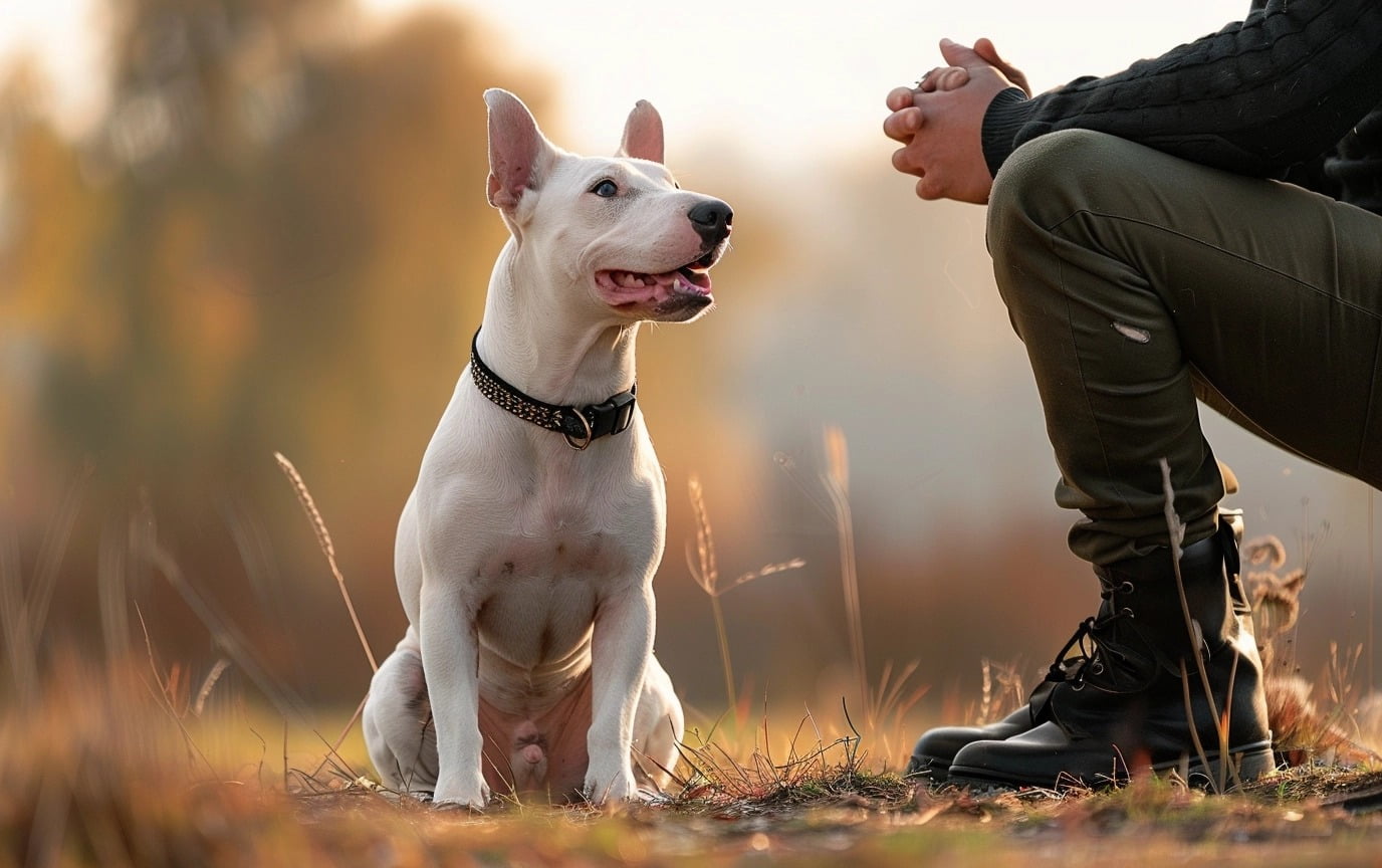 illustration: A happy Bull Terrier sitting and making eye contact with its owner.