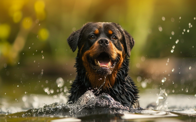 A happy Rottweiler in a lake, with a playful expression on its face.