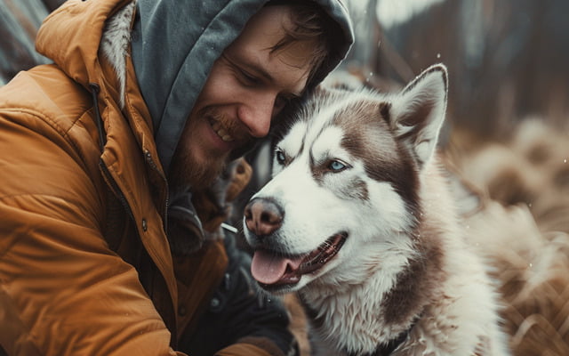 A happy Siberian Husky with a proud owner, with some loose fur around them.