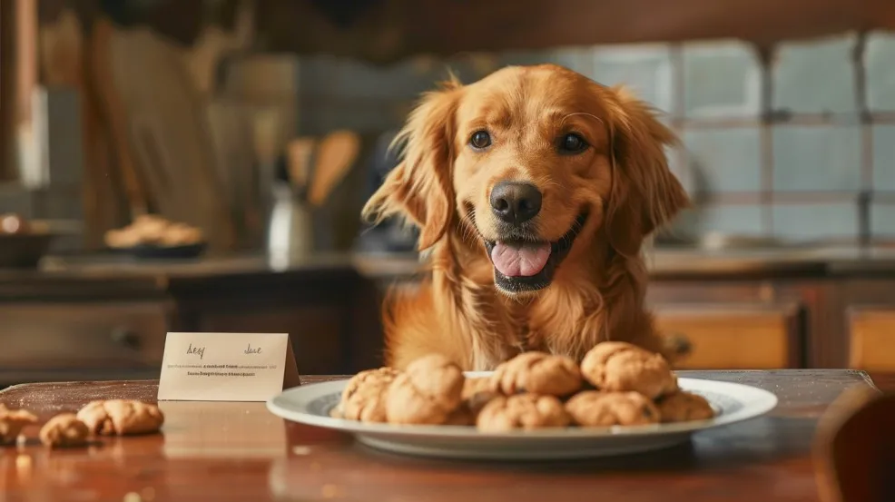 A happy dog is eyeing a plate of homemade dog treats.